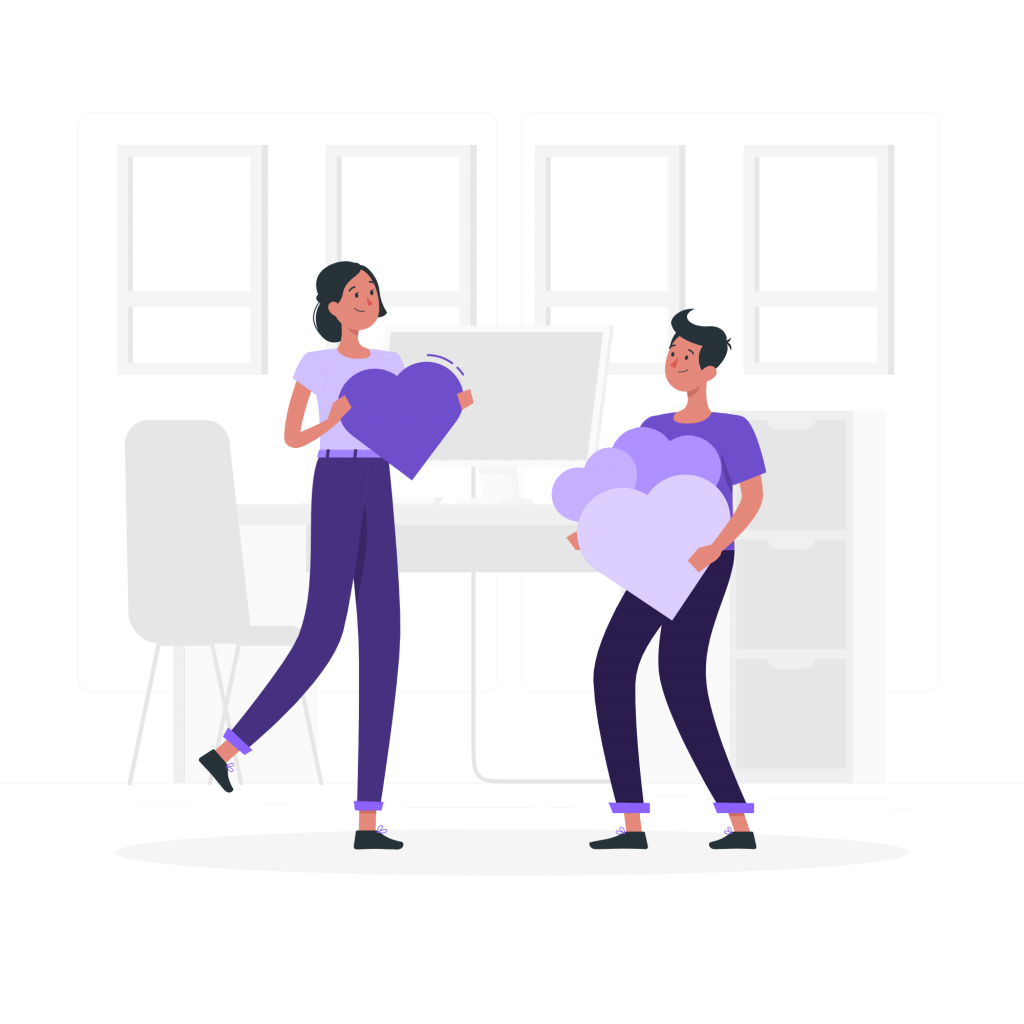 Two smiling people in front of a desk holding large hearts (illustration).