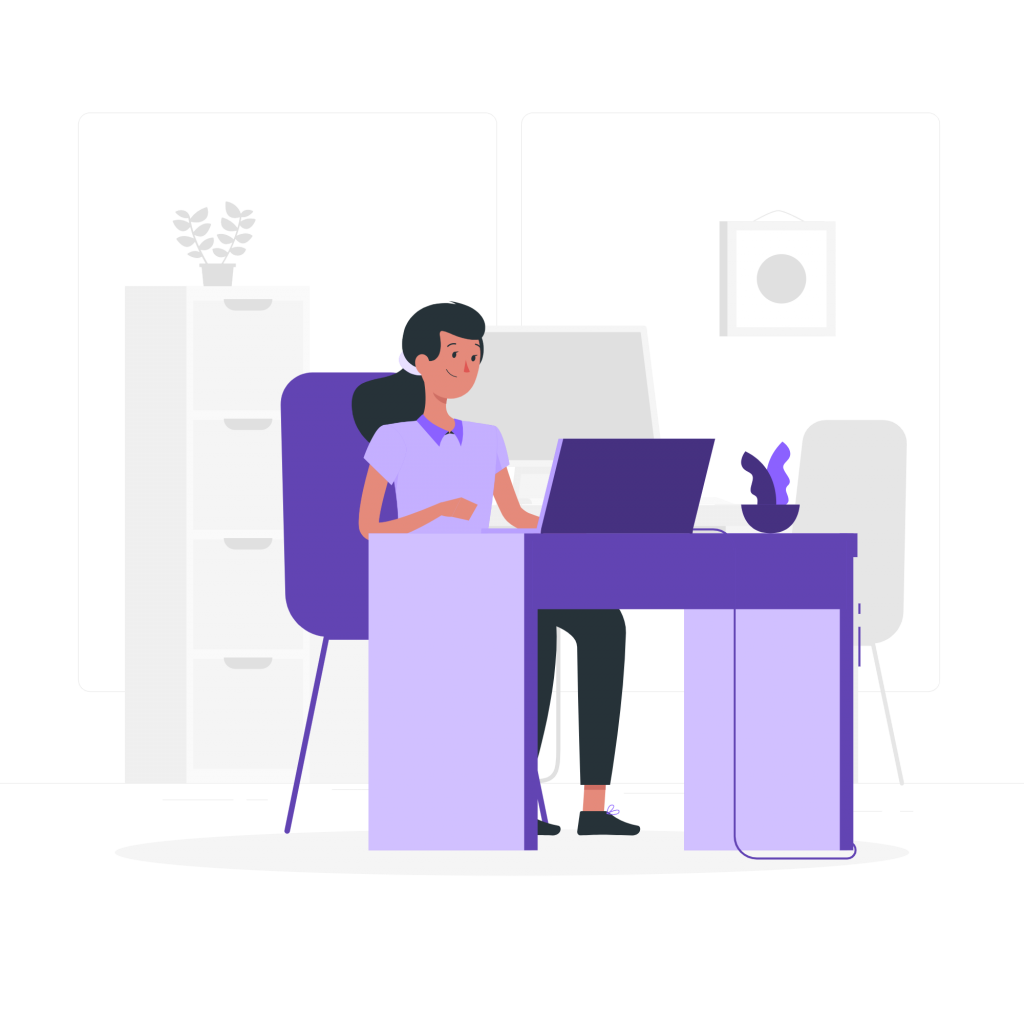Woman sitting at desk using a computer (illustration).