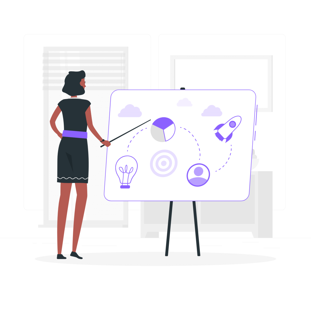 Woman pointing to presentation containing graphs and data (illustration).