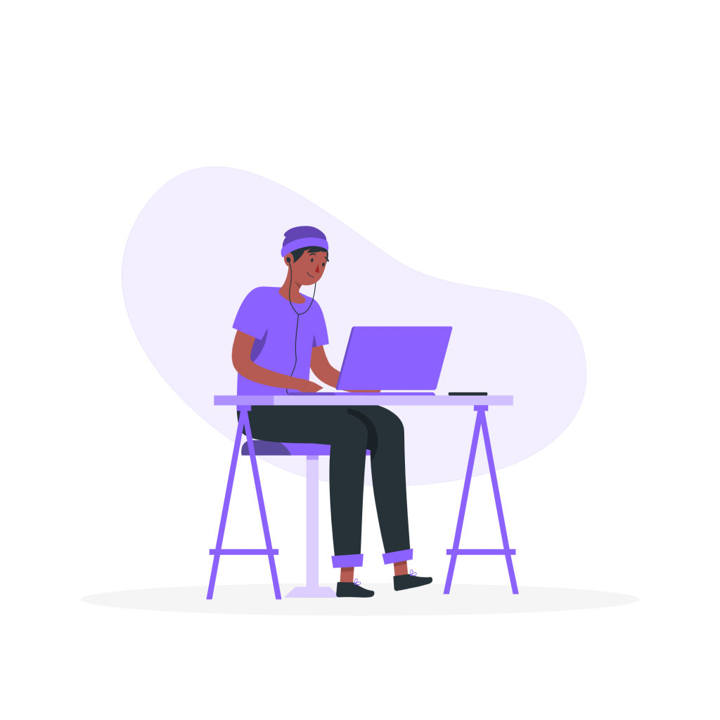 Person sitting at desk using computer with headphones in ear (illustration).