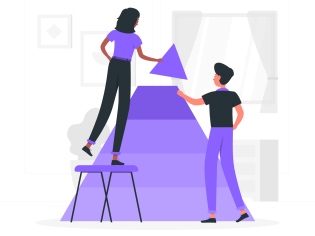 Two people working together to complete building a large triangle (illustration)