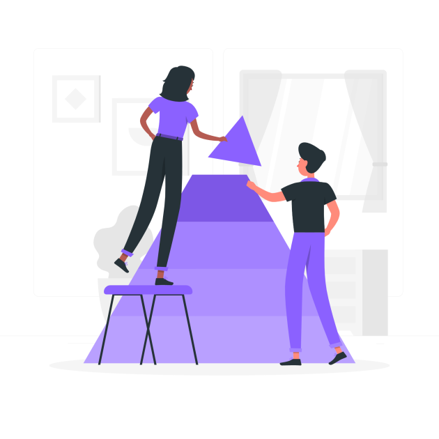 Two people working together to complete building a large triangle (illustration)