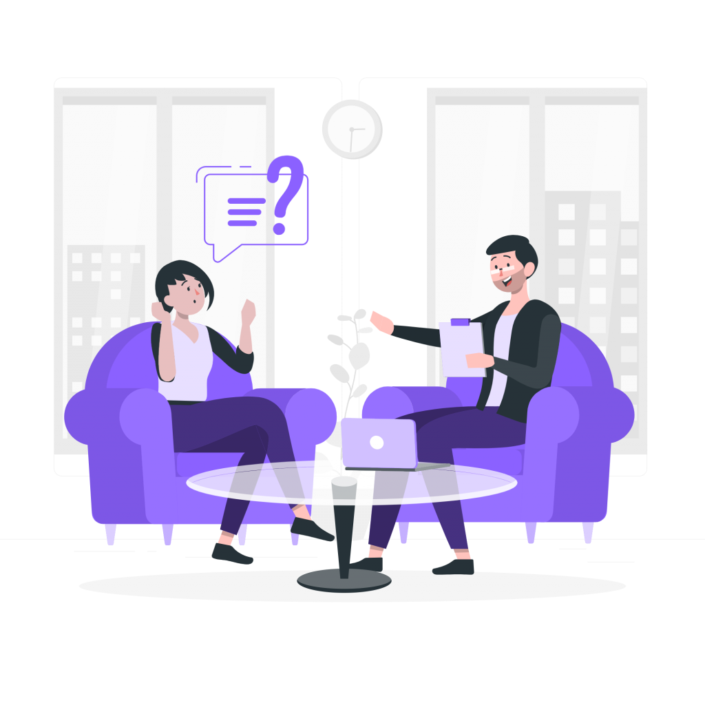 Two people sitting in chairs having a conversation but one is confused (illustration)