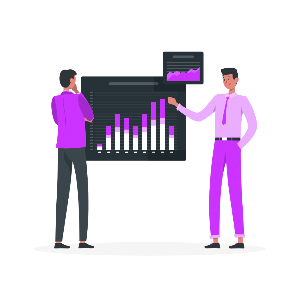 Person presenting graphs and charts to someone else (illustration).