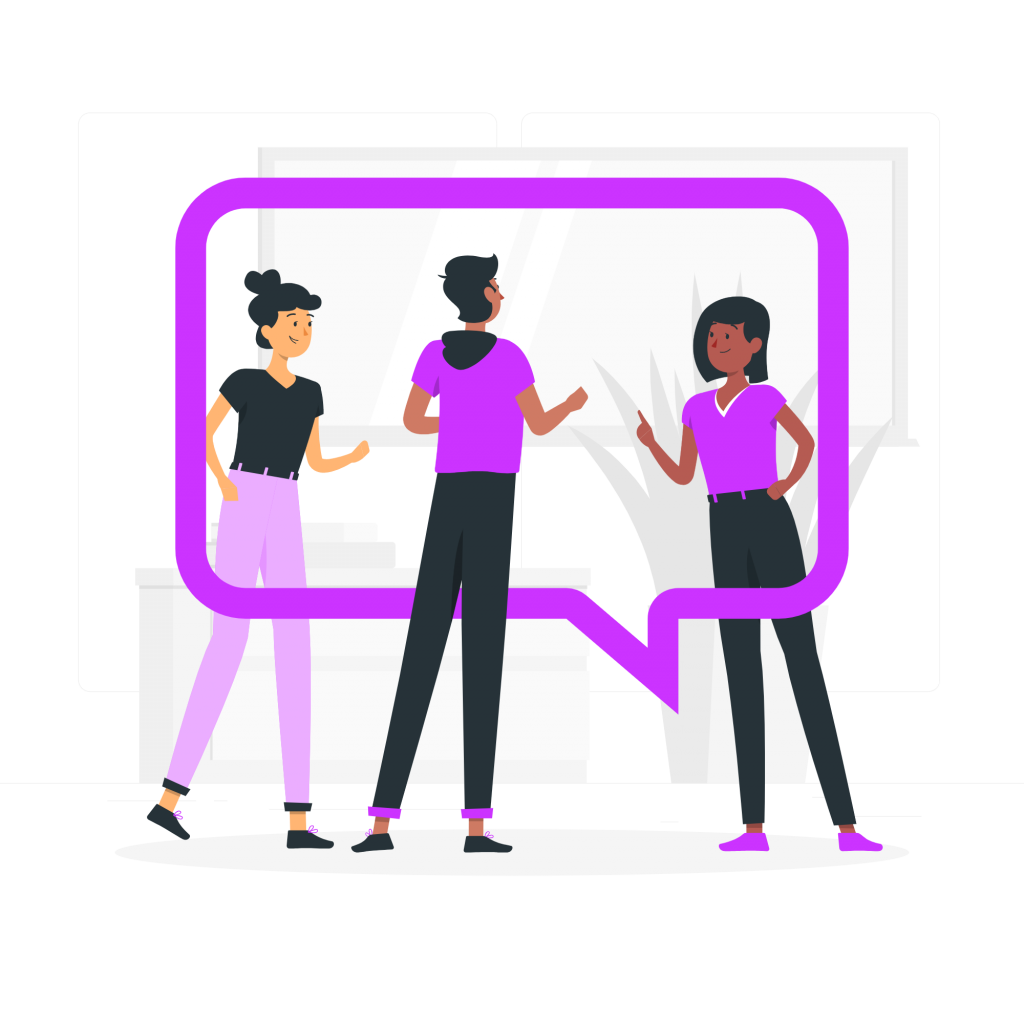 Three people having a conversation (illustration).