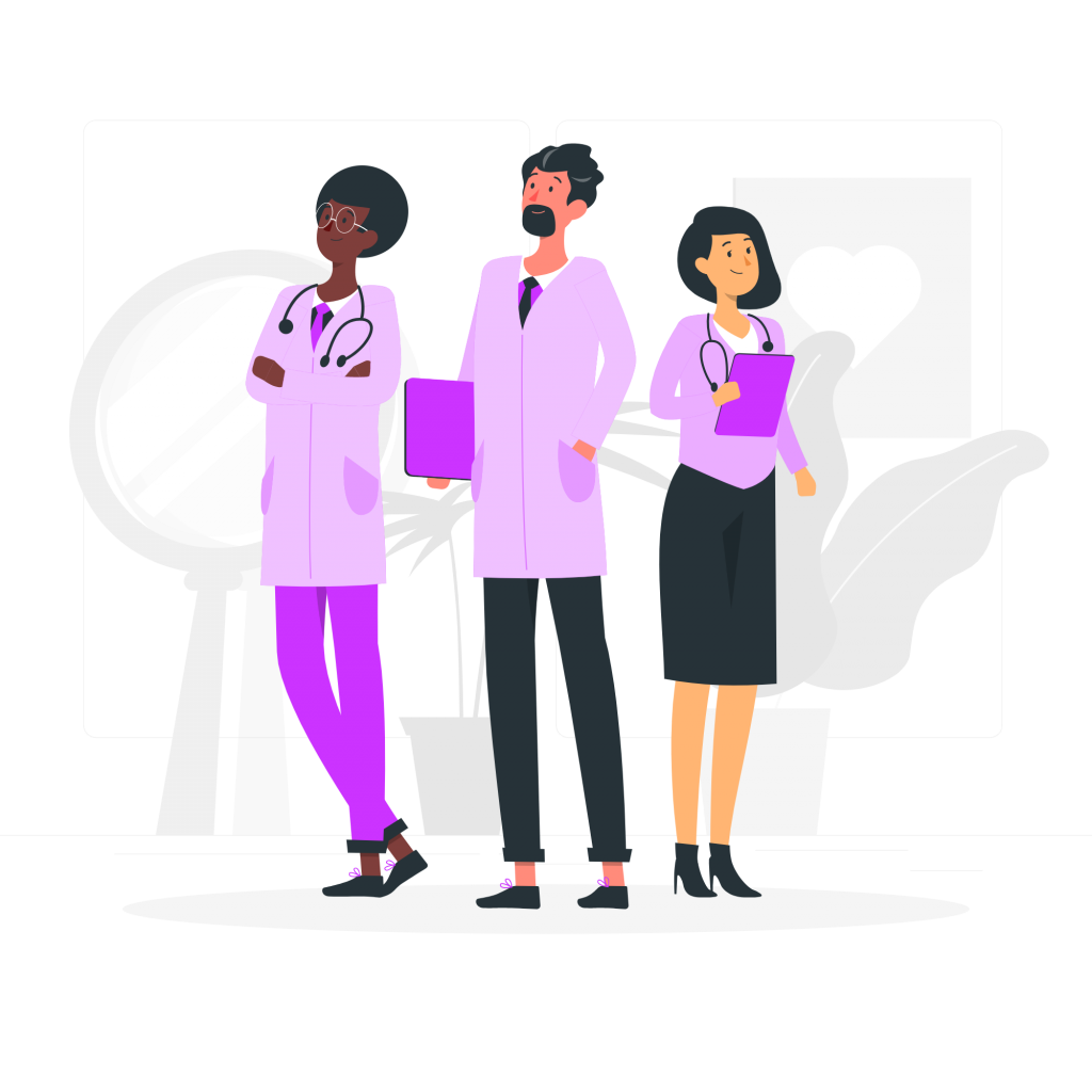 Three medical professionals standing in pink (illustration).