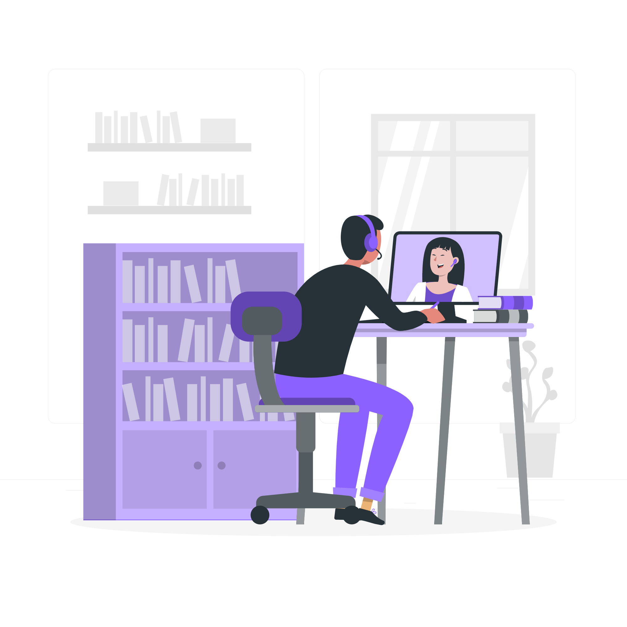 Person at desk on video web conference (illustration).