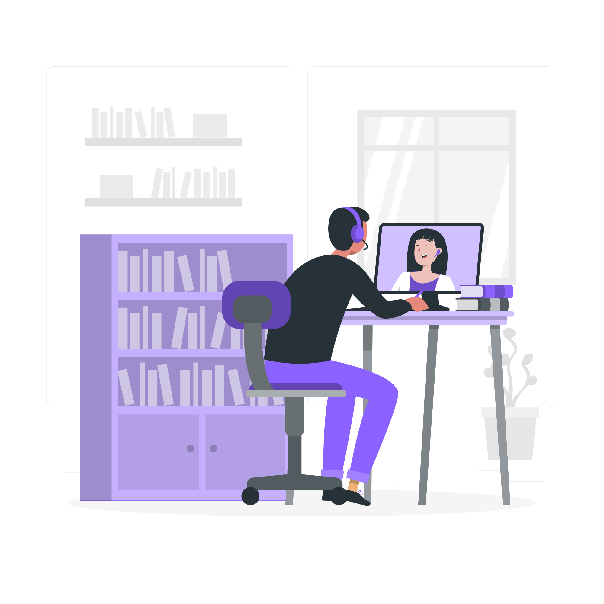 Learning languages-rafiki Person at desk on video web conference (illustration).