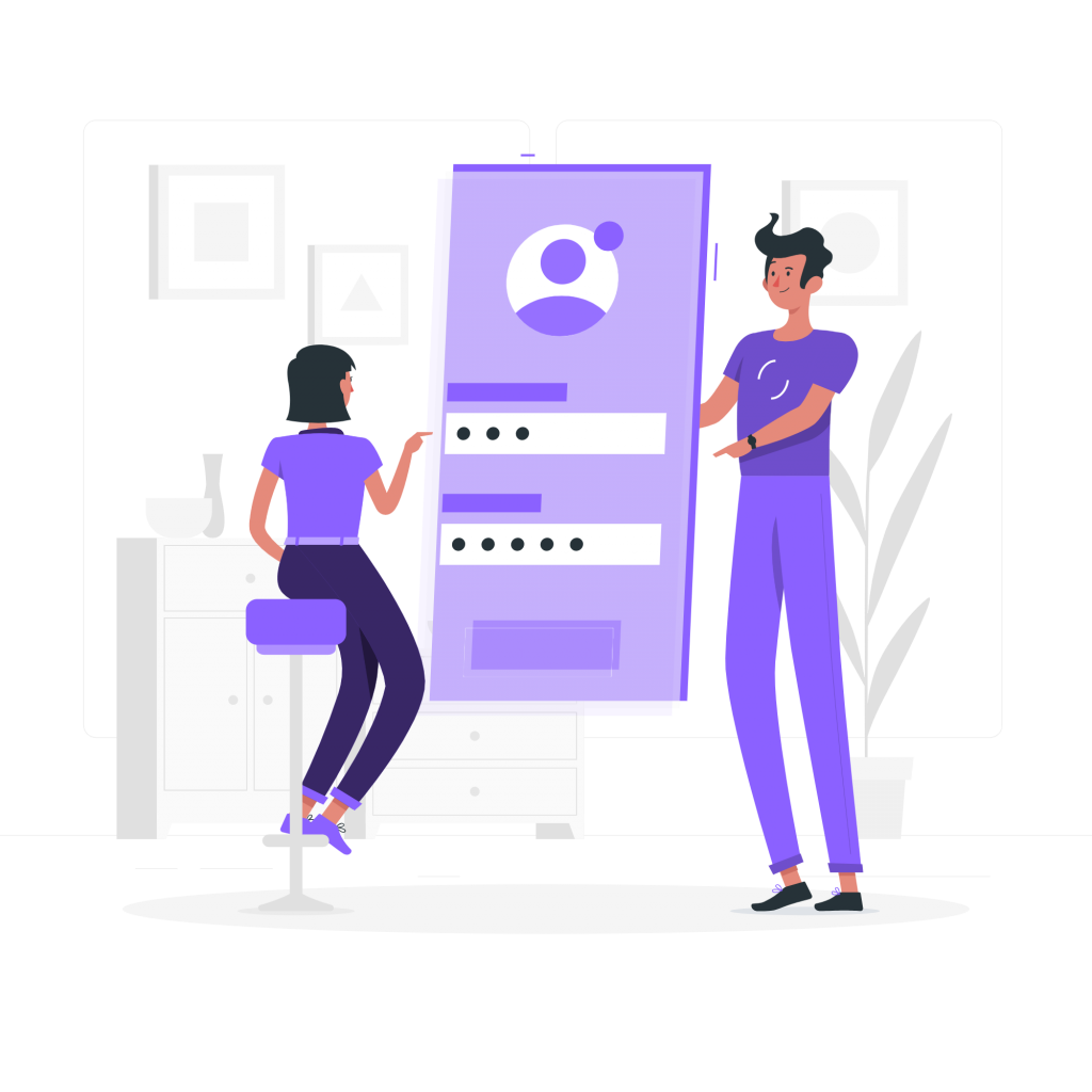 Man holding large phone while woman uses it (illustration).