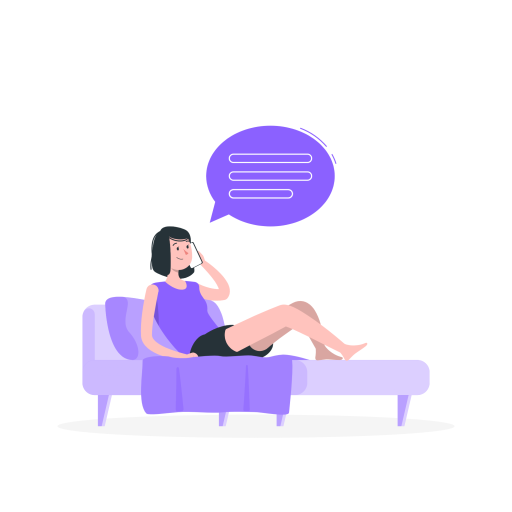 Woman reclining on couch talking on cell phone (illustration).