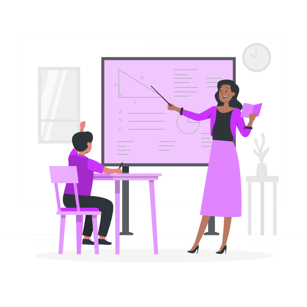 Female teacher presenting math concepts to a student (illustration).