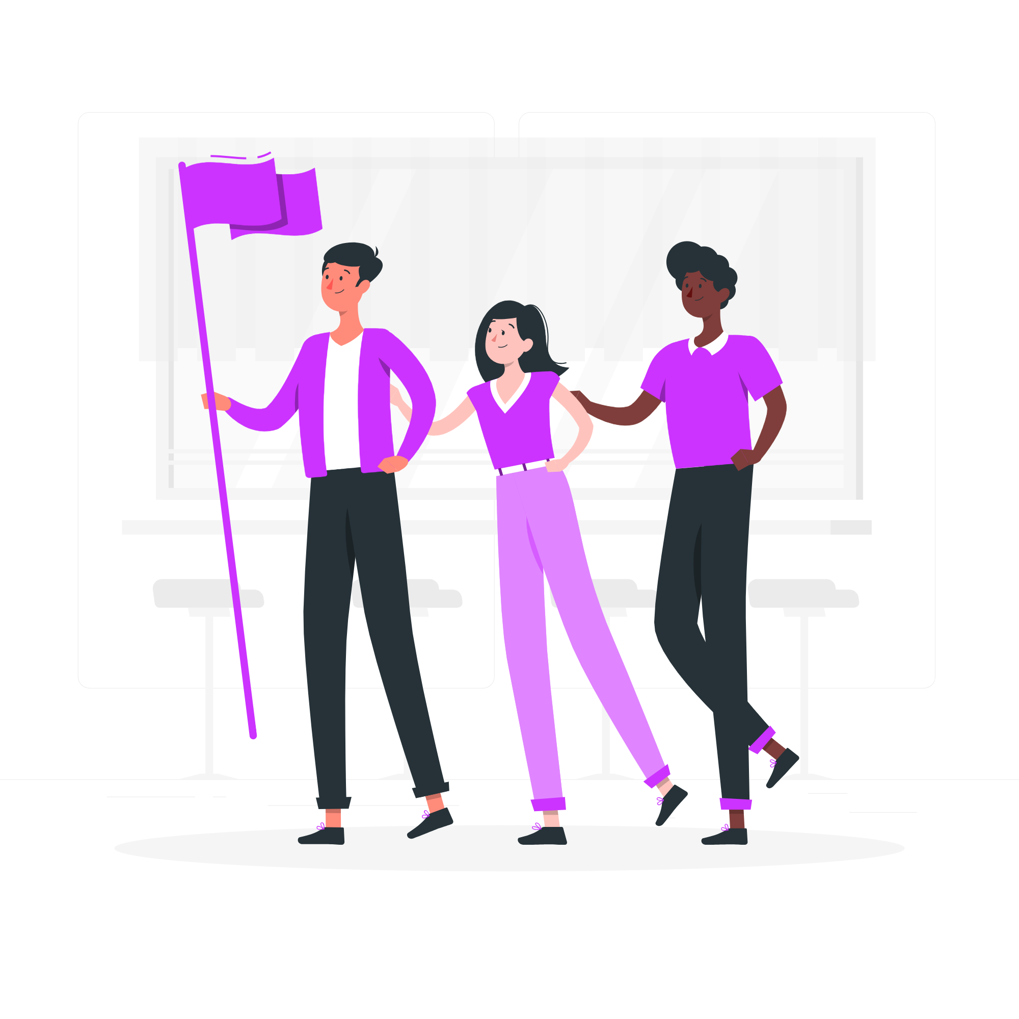 Three people walking together while the first one holds a banner (illustration).