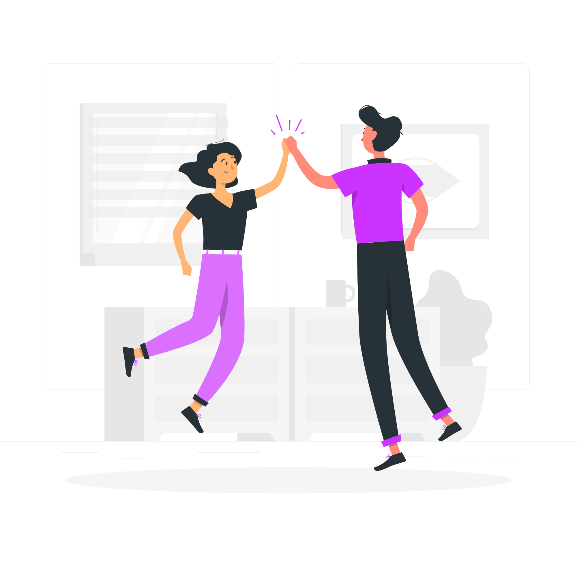 Two people jumping and giving each other high fives (illustration).