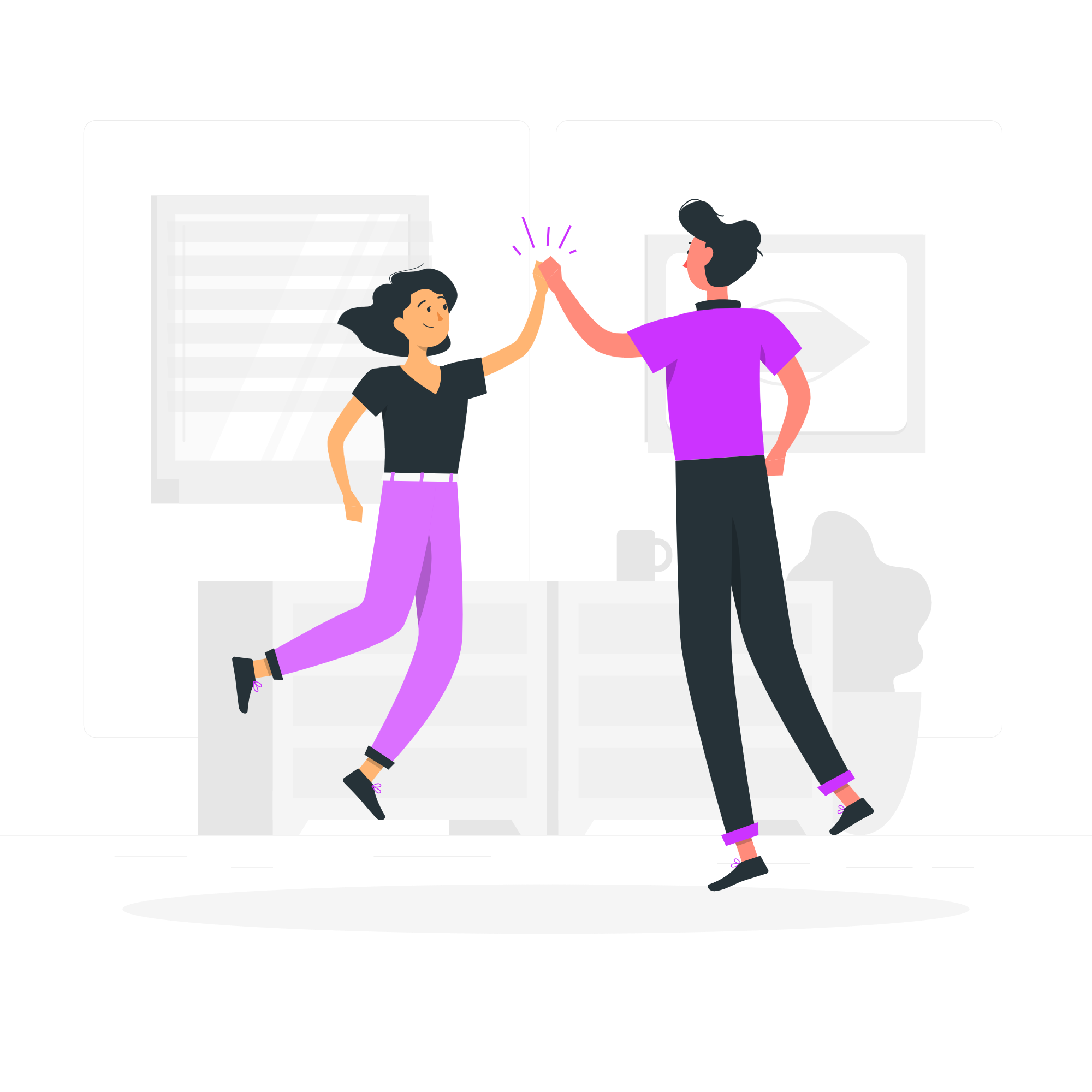 Together-rafiki Two people jumping and giving each other high fives (illustration).