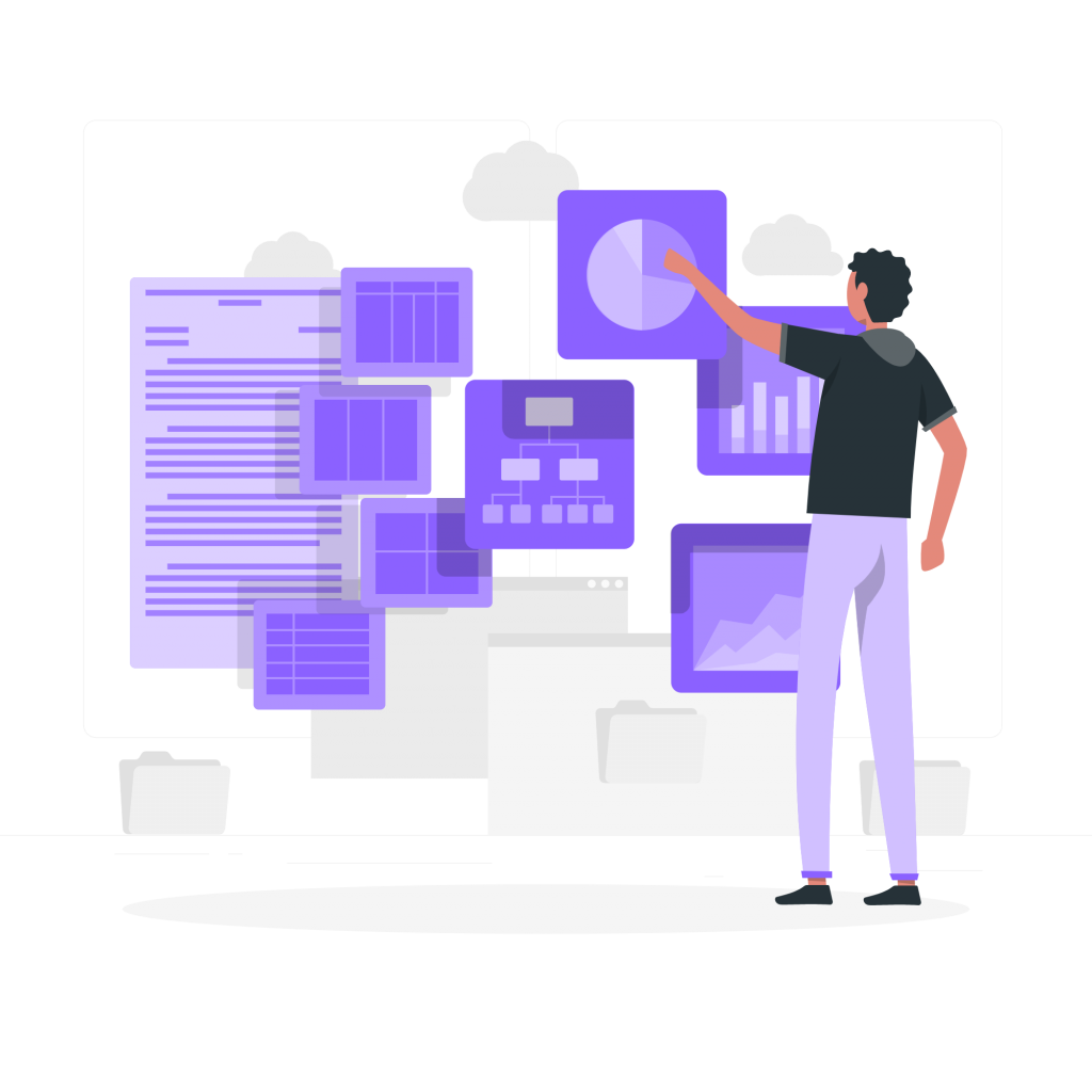 Person standing in front of virtual data and graphs (illustration)