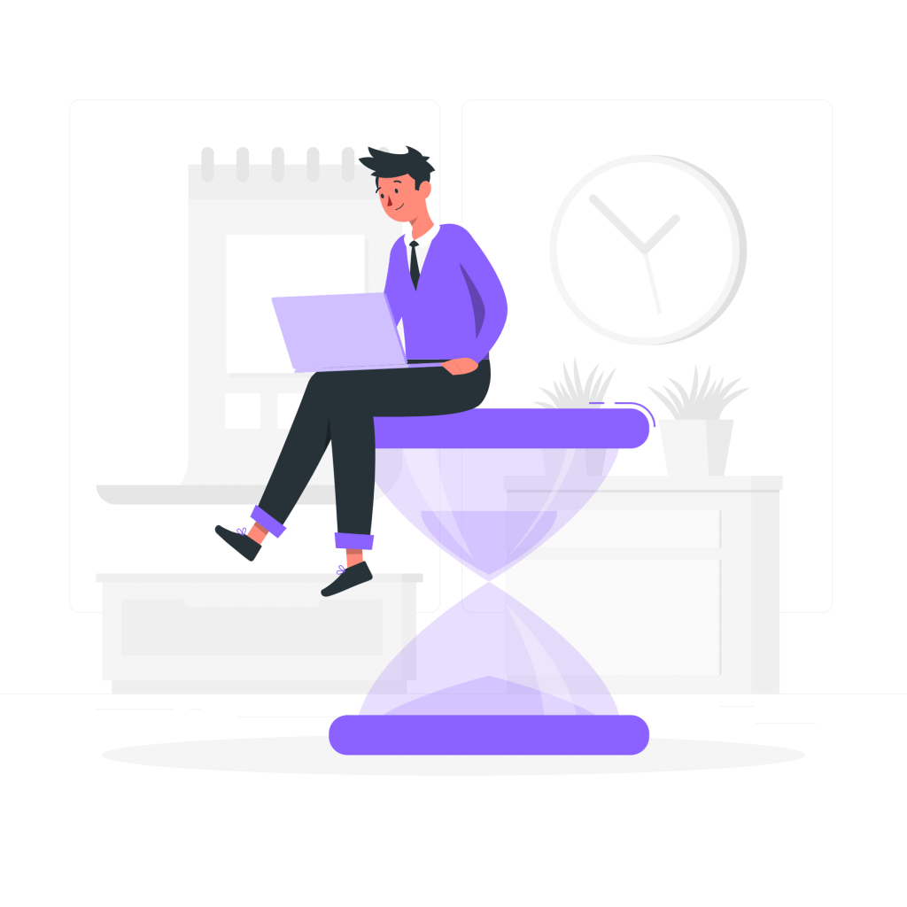Man sitting on a large hour glass using his laptop (illustration).