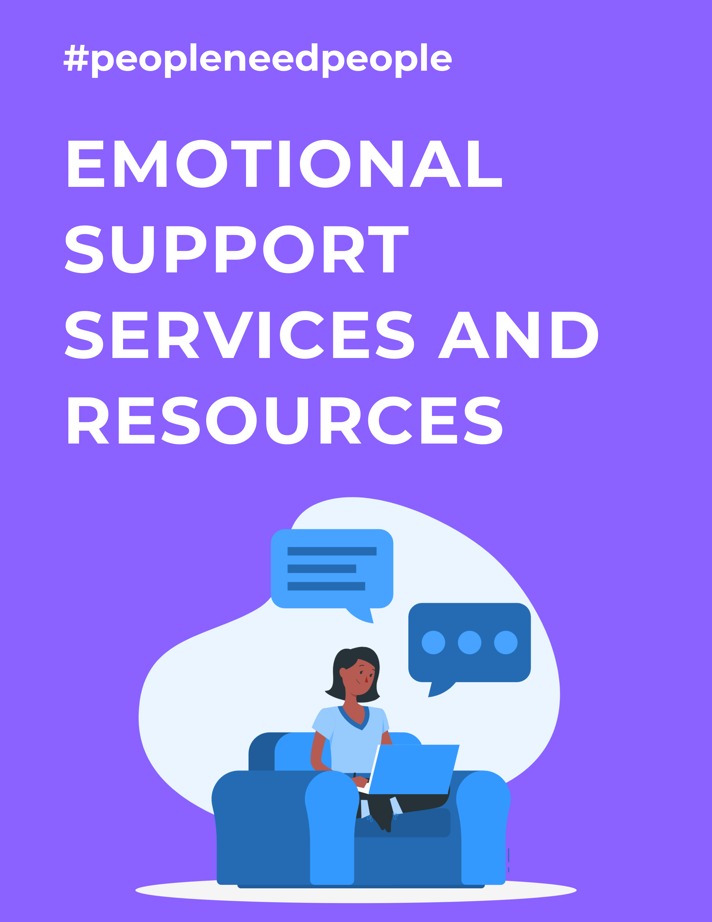 Emotional support services and resources with illustration of woman on couch using laptop