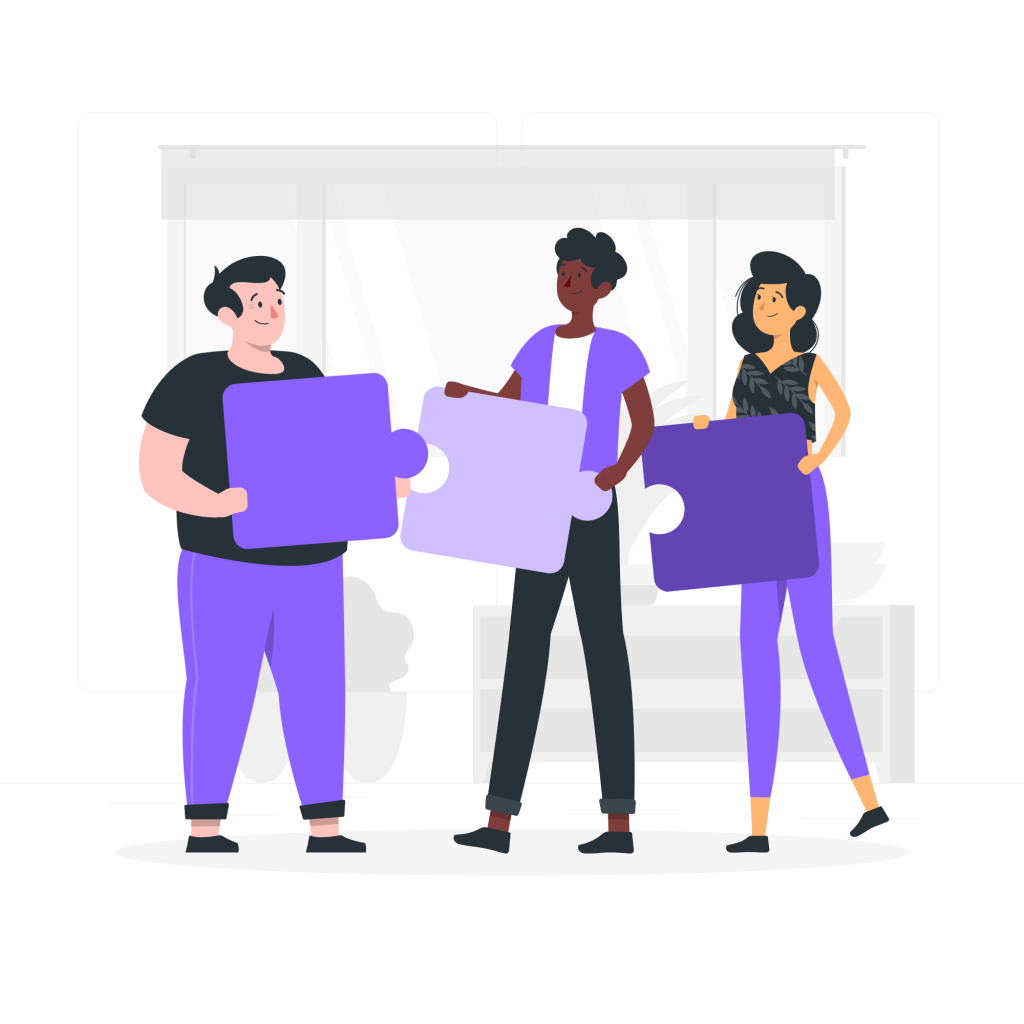 Team work-rafiki Three ethnically diverse friends trying to fit giant puzzle pieces together (illustration).