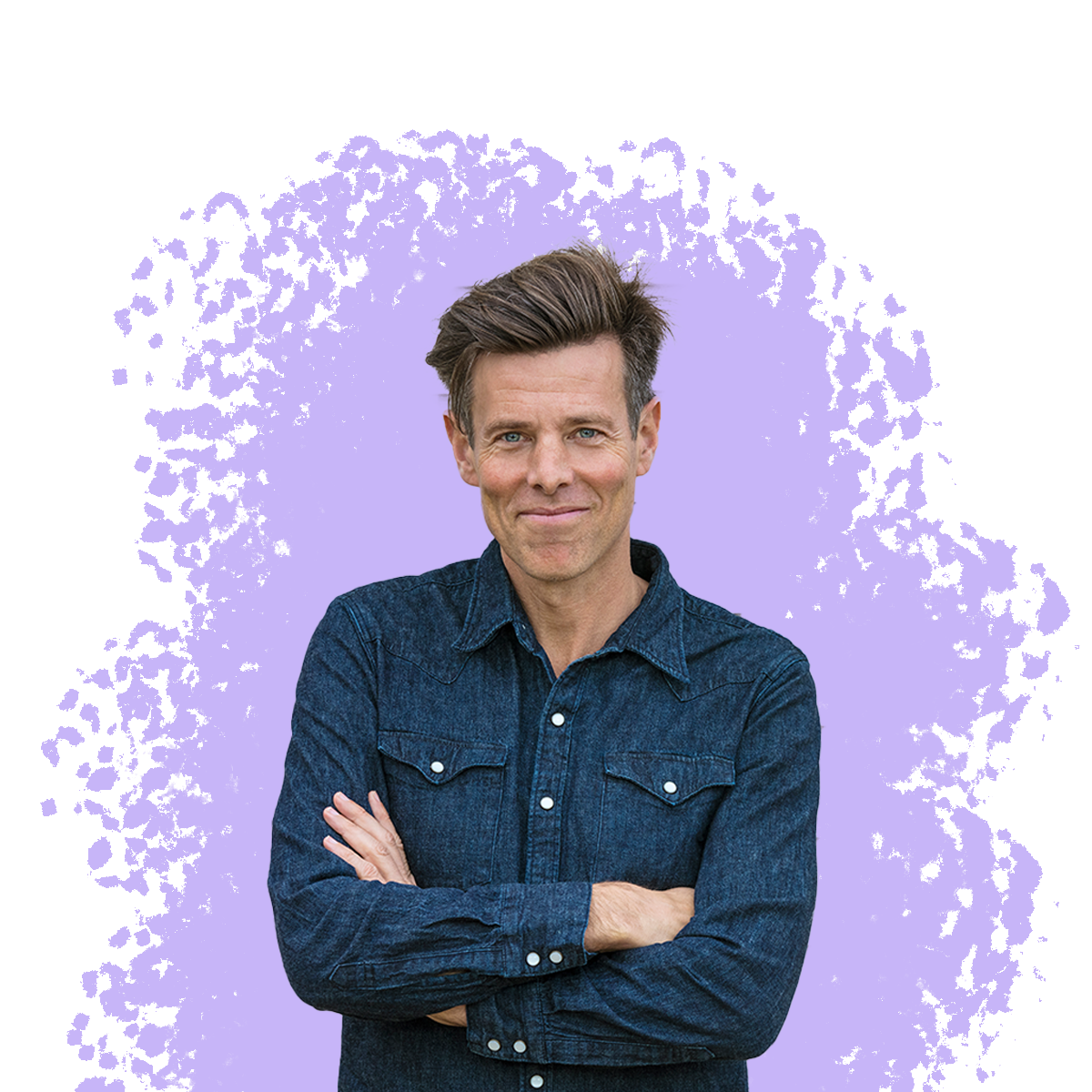 Man in denim shirt with a purple splash behind him